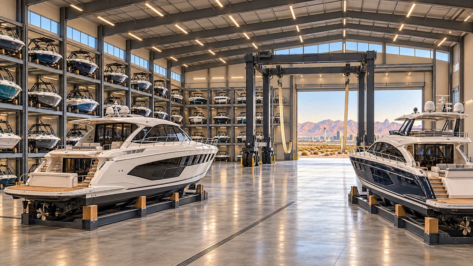Illustrative AI-generated concept of an indoor boat storage hall; not an existing facility